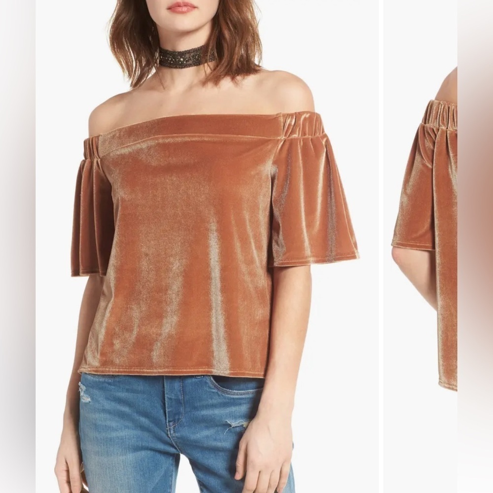 Sun & Shadow Velvet Off Shoulder Top Gold XS